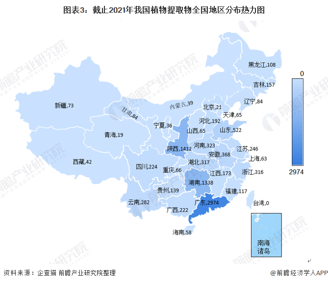 图表3:截止2021年我国植物提取物全国地区分布热力图